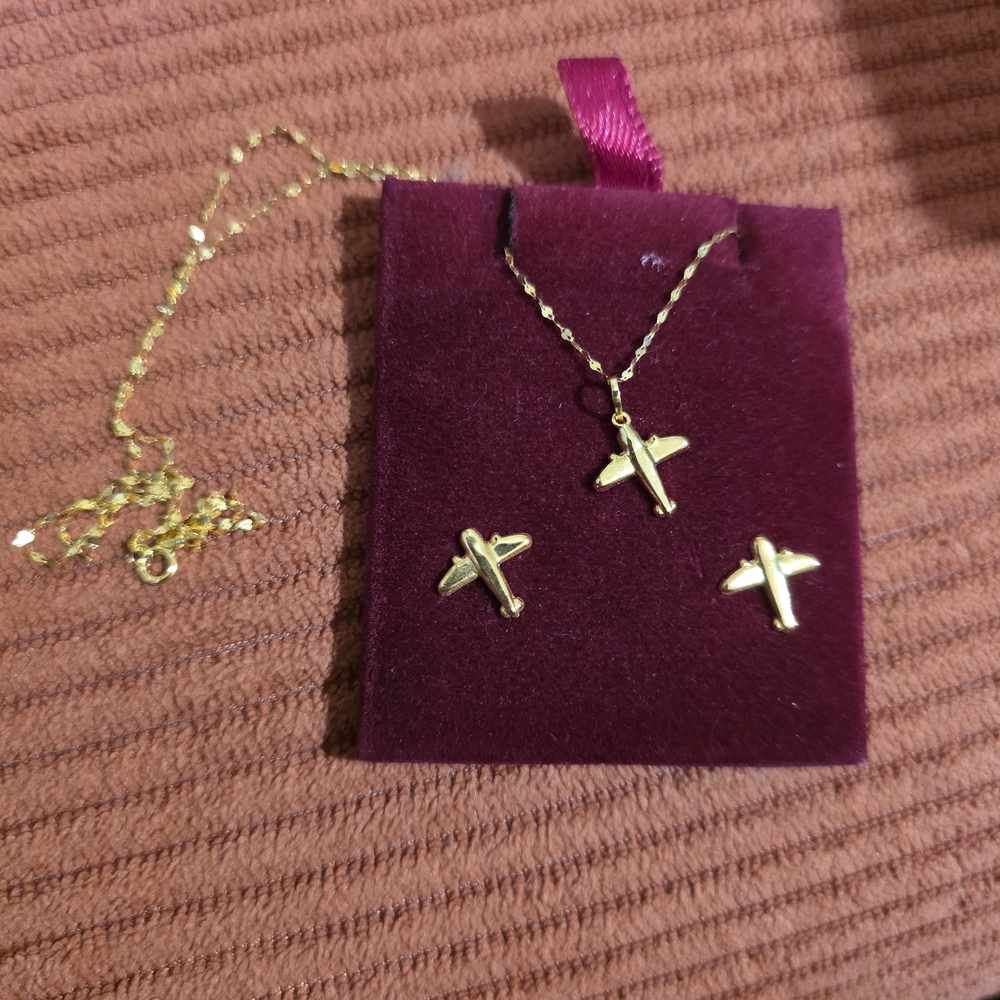Aviation Charm 18 K Solid Gold From Dubai Necklace and Earring Set